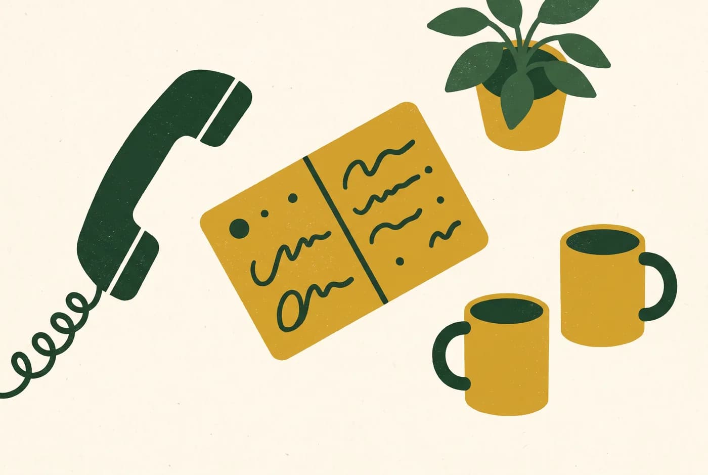 Telefonhörer, Notizbuch und zwei Kaffeetassen