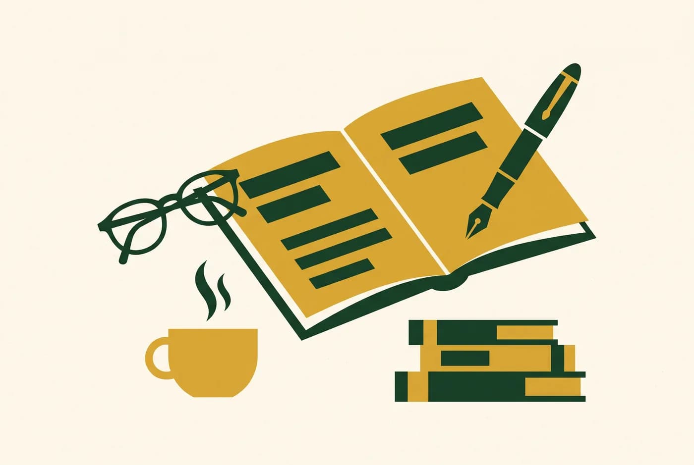 Aufgeschlagenes Notizbuch mit Füller, Brille und Teetasse