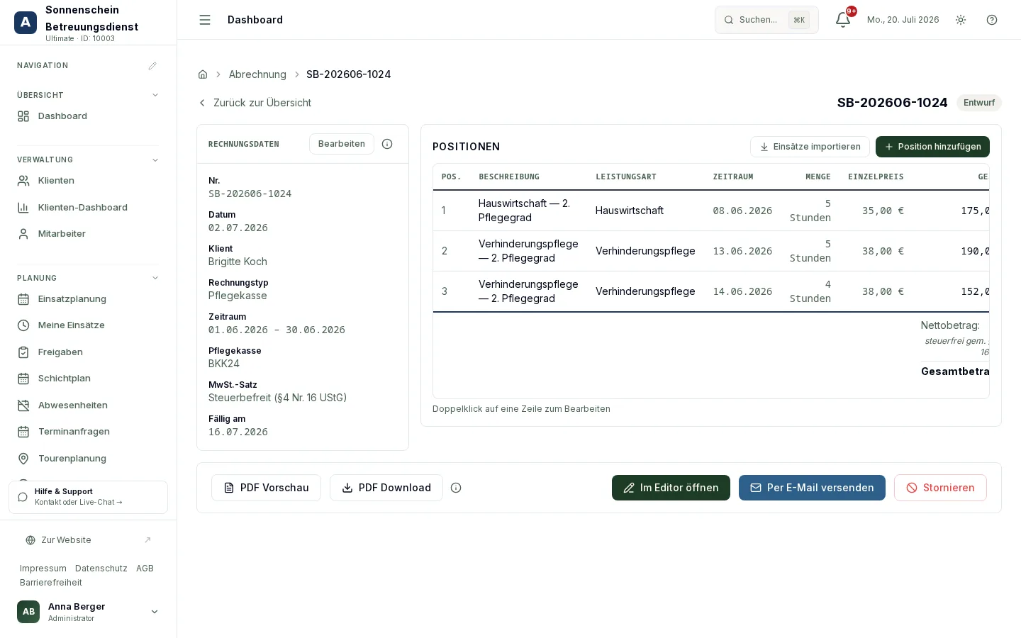 Einzelrechnung mit Leistungspositionen und Zuordnung des Entlastungsbetrags nach § 45b SGB XI