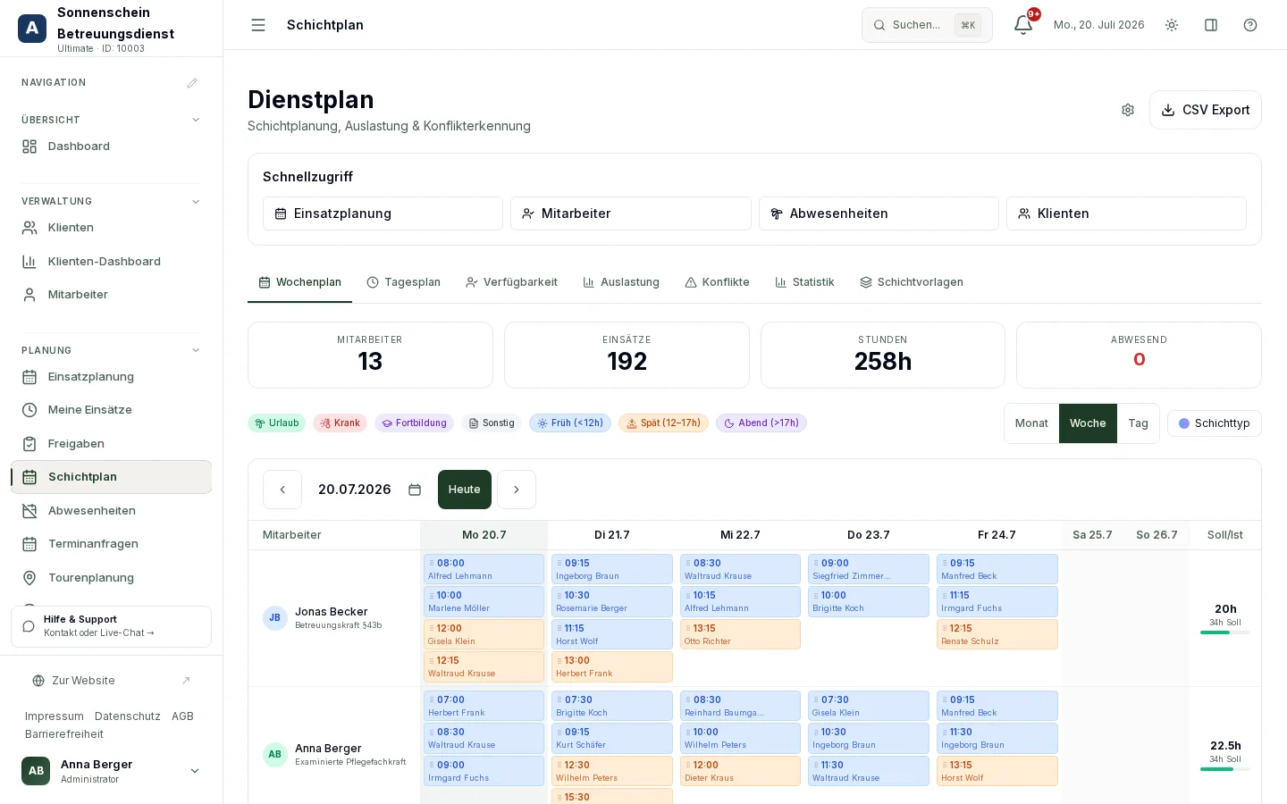 Schichtplan-Ansicht für die Personaleinsatzplanung im Team
