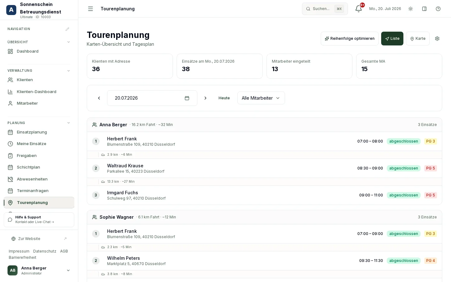 Digitale Tourenplanung mit Klienten-Reihenfolge und Fahrzeiten