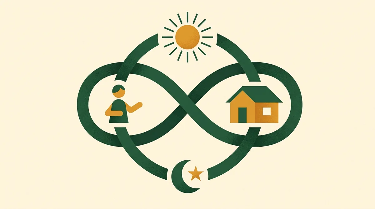 Illustration: Wiederkehrender Weg verbindet Pflegekraft und Zuhause, Stamm-Prinzip