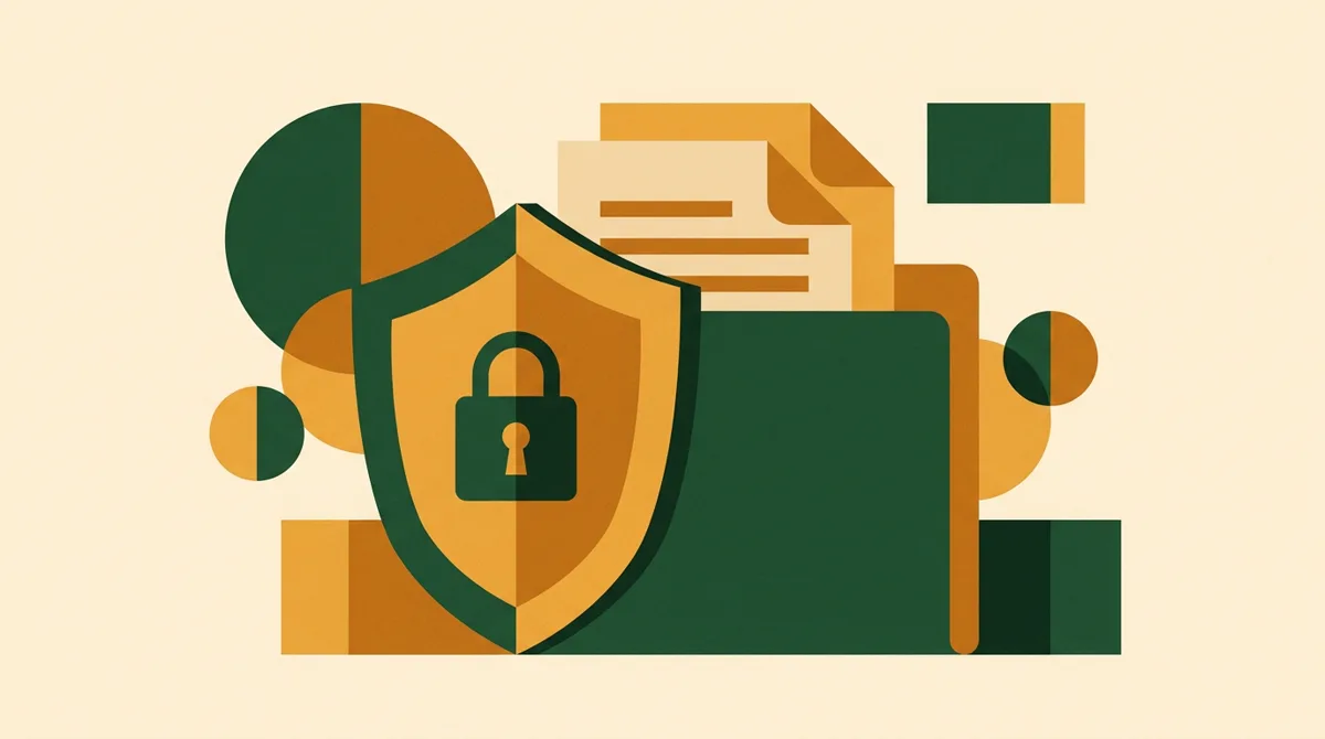 Illustration: Schutzschild mit Schloss vor Klientenakten als Symbol für Datenschutz