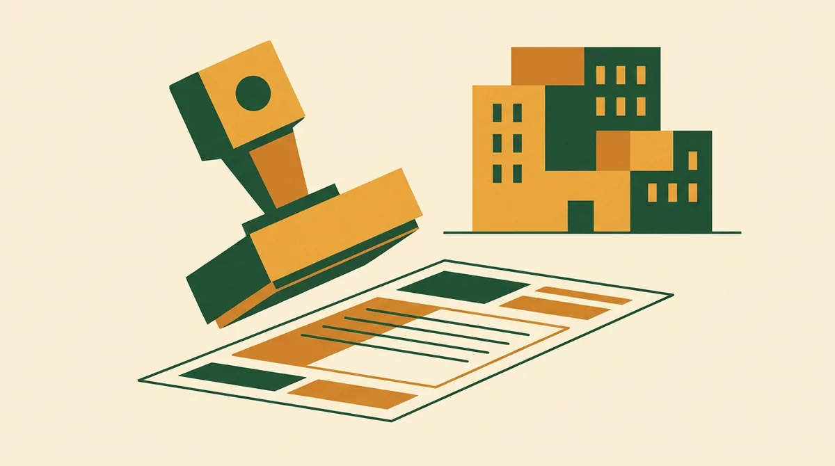 Illustration: Amtsstempel senkt sich auf ein Formular — Gewerbeanmeldung