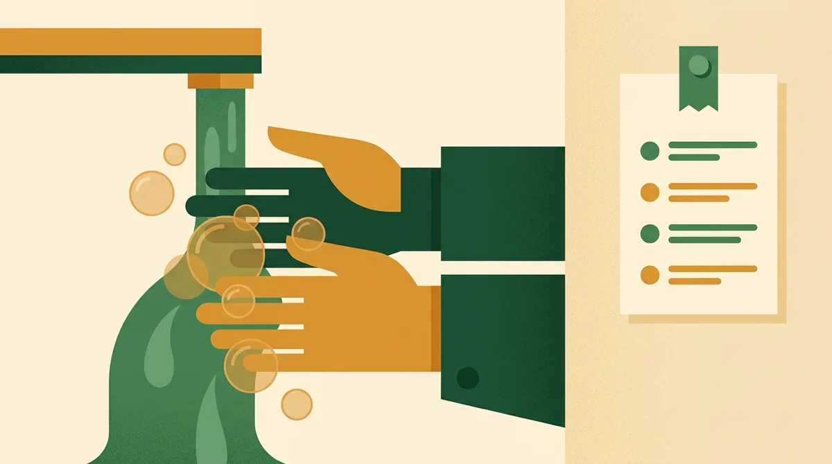Illustration: Händewaschen mit Seifenblasen neben angepinnter Checkliste — Hygieneplan