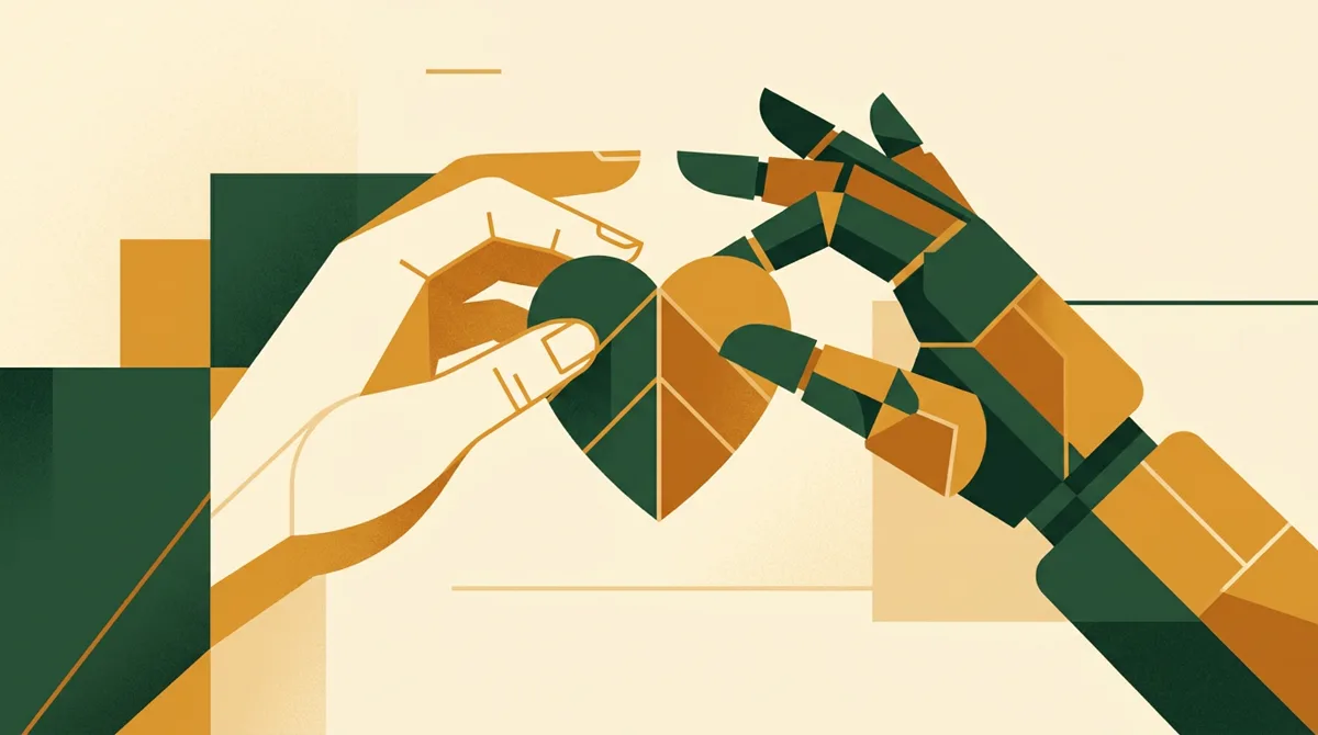 Illustration: Menschliche Hand und Roboterhand halten gemeinsam ein herzförmiges Blatt