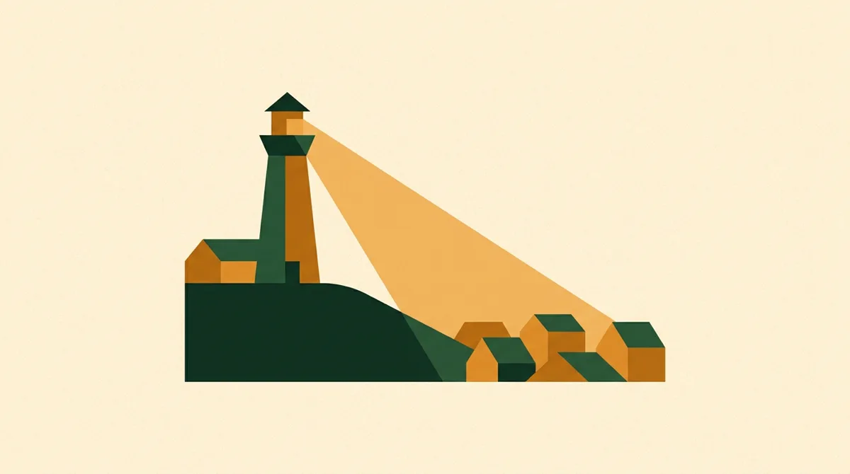 Illustration: Leuchtturm strahlt über Wohnhäuser als Symbol für lokale Sichtbarkeit