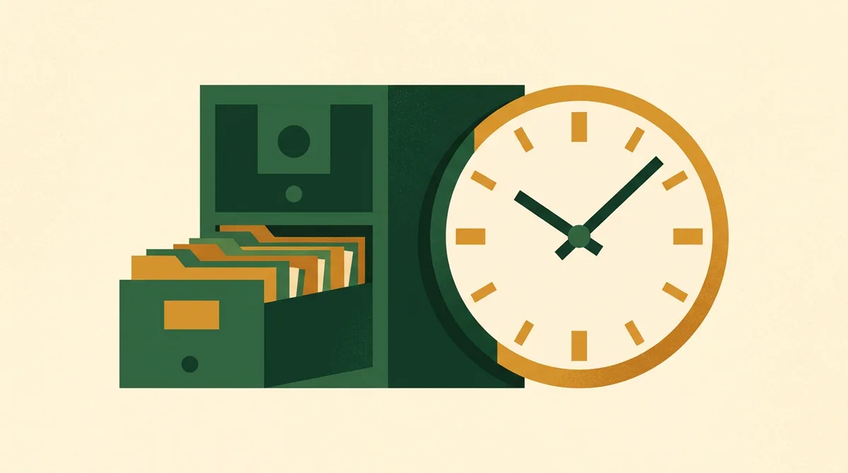 Illustration: Archivschrank mit offener Akten-Schublade und großer Uhr — Aufbewahrungsfristen
