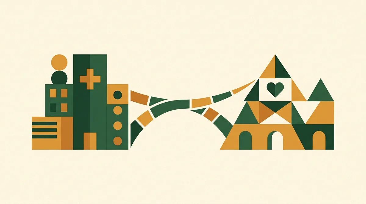 Illustration: Zwei Gebäude durch Brücke verbunden, Kreuz und Herz — Krankenkasse und Pflegekasse