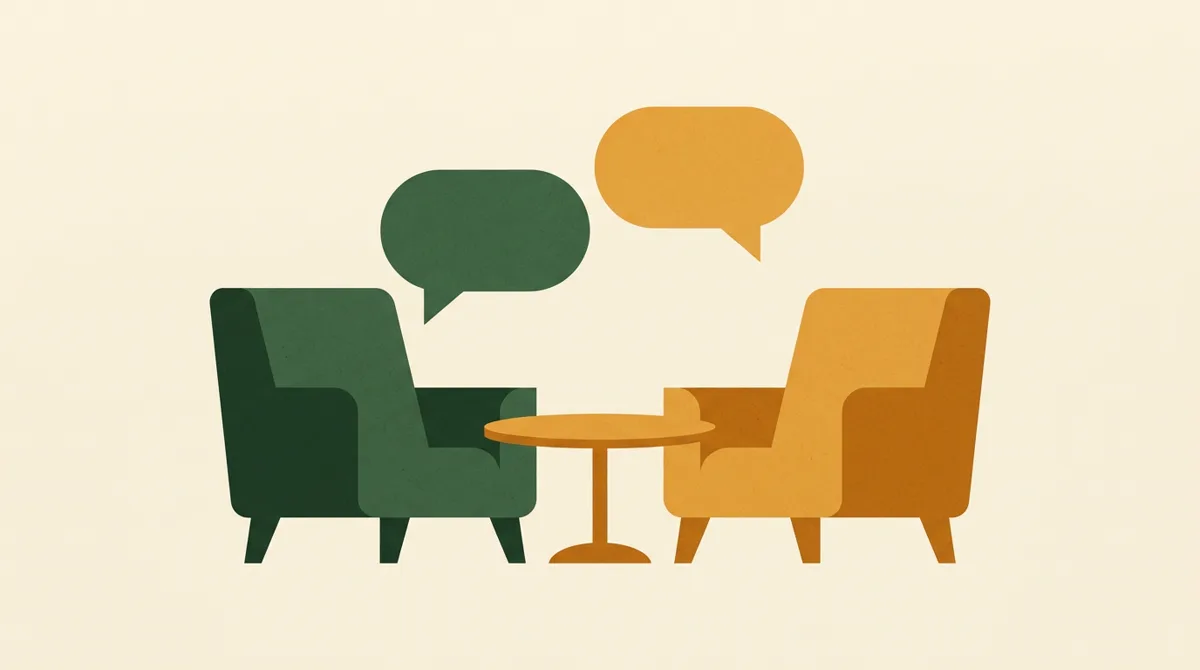 Illustration: Zwei Stühle am Tisch mit ausgewogenen Sprechblasen, Mitarbeitergespräch