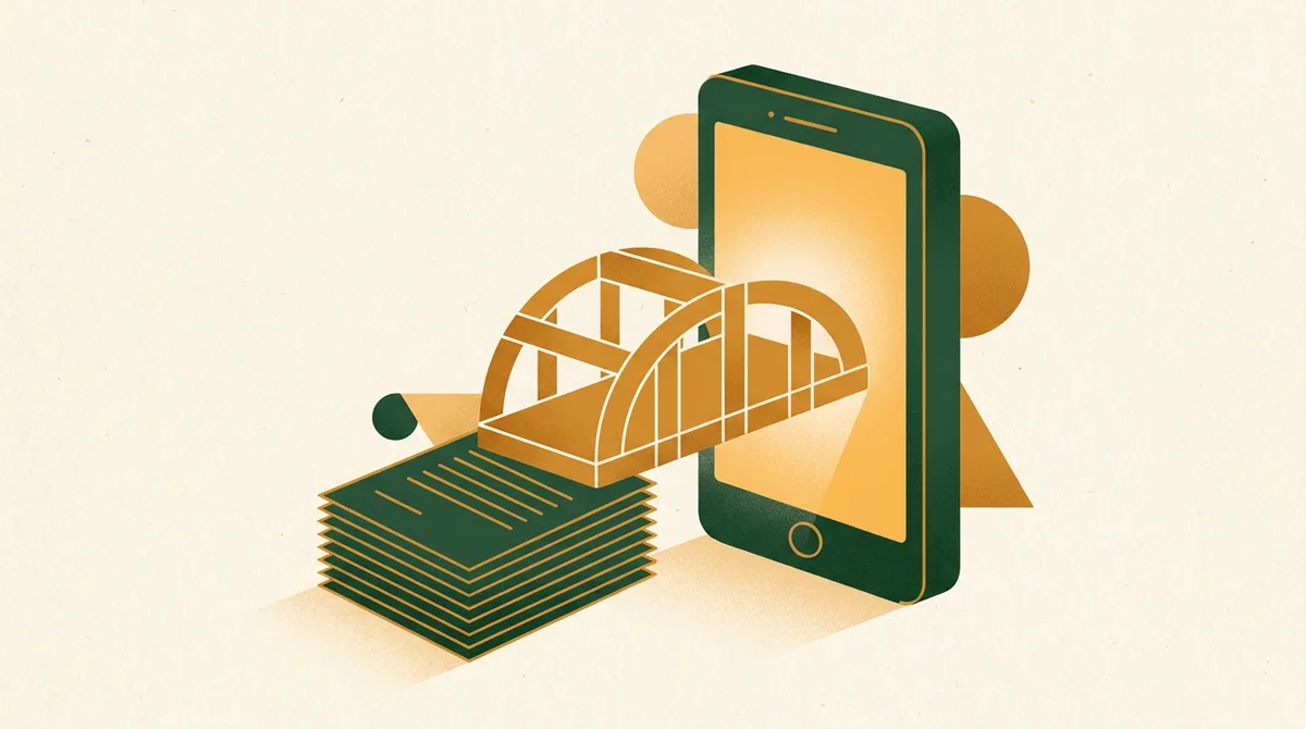 Illustration: Brücke führt vom Papierstapel auf einen Smartphone-Bildschirm