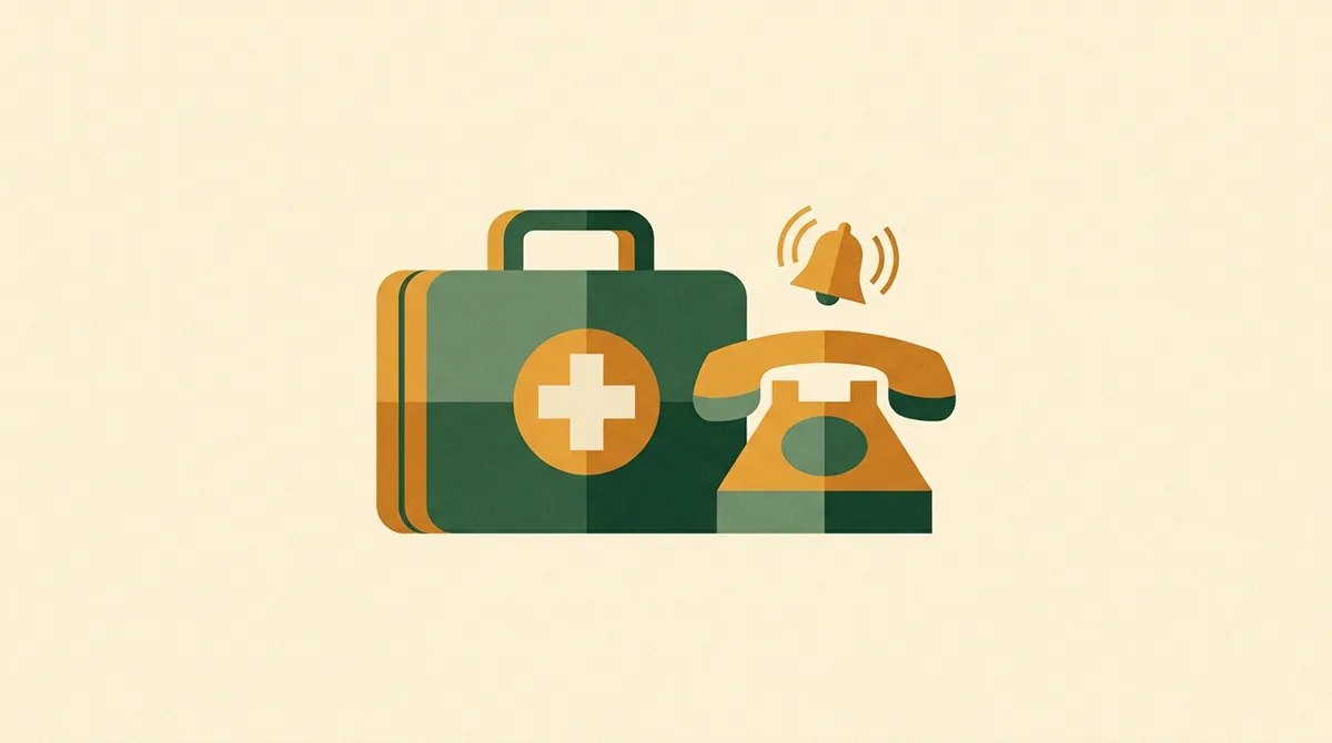 Illustration: Erste-Hilfe-Koffer und Telefon mit Alarmglocke — Notfall-Management
