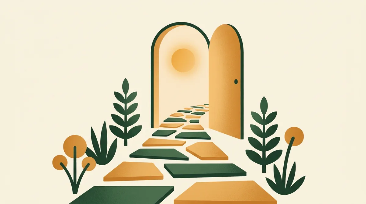 Illustration: Trittsteine führen durch eine offene Tür ins Warme, Onboarding-Weg