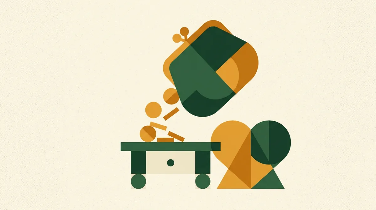 Illustration: Geldbörse schüttet Münzen auf einen Wohnzimmertisch neben einem Herz — Pflegegeld nach §37