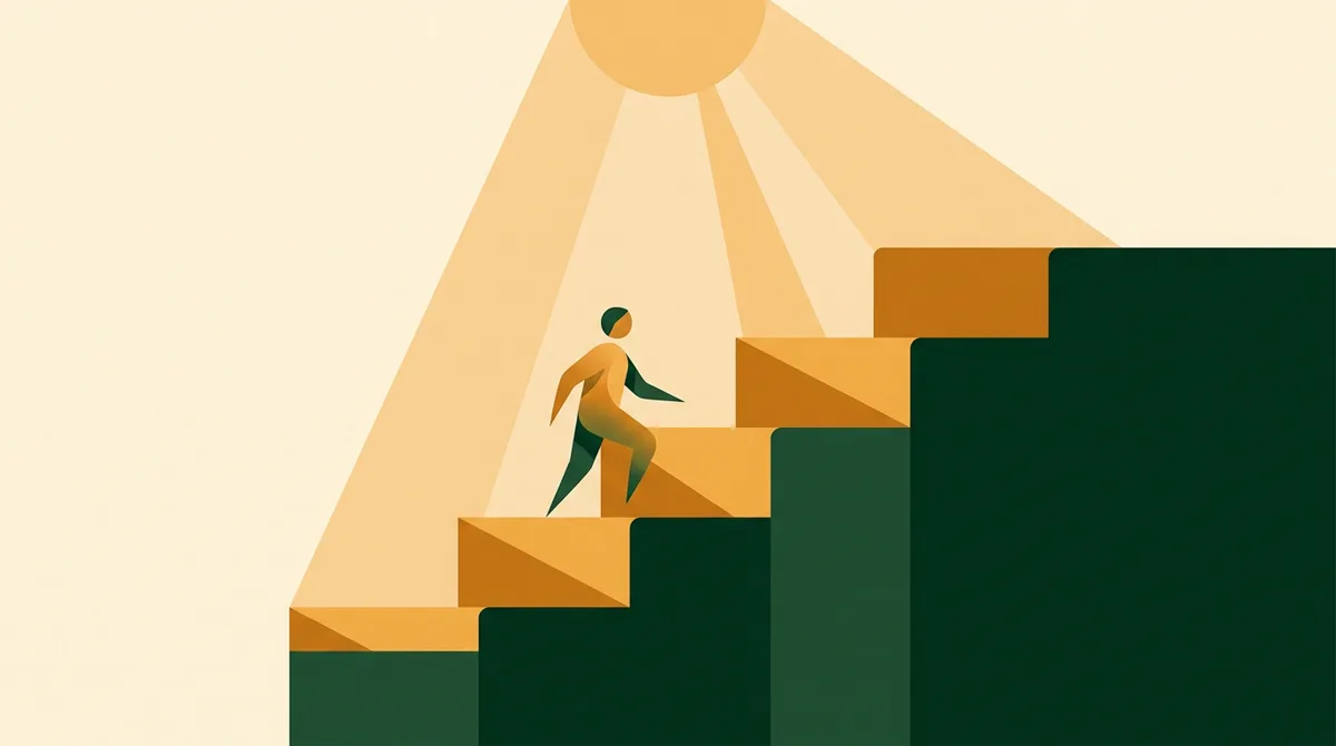 Illustration: Fünf aufsteigende Stufen mit kletternder Figur — die fünf Pflegegrade