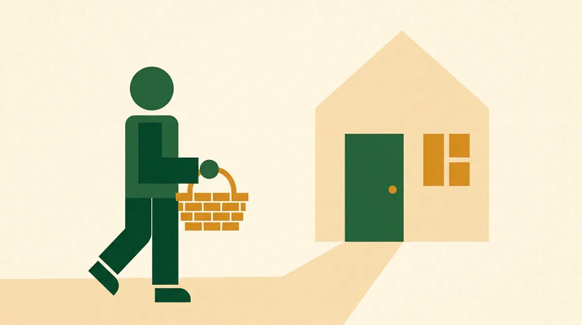 Illustration: Betreuungskraft bringt einen Leistungskorb zur Haustür — Sachleistung nach §36