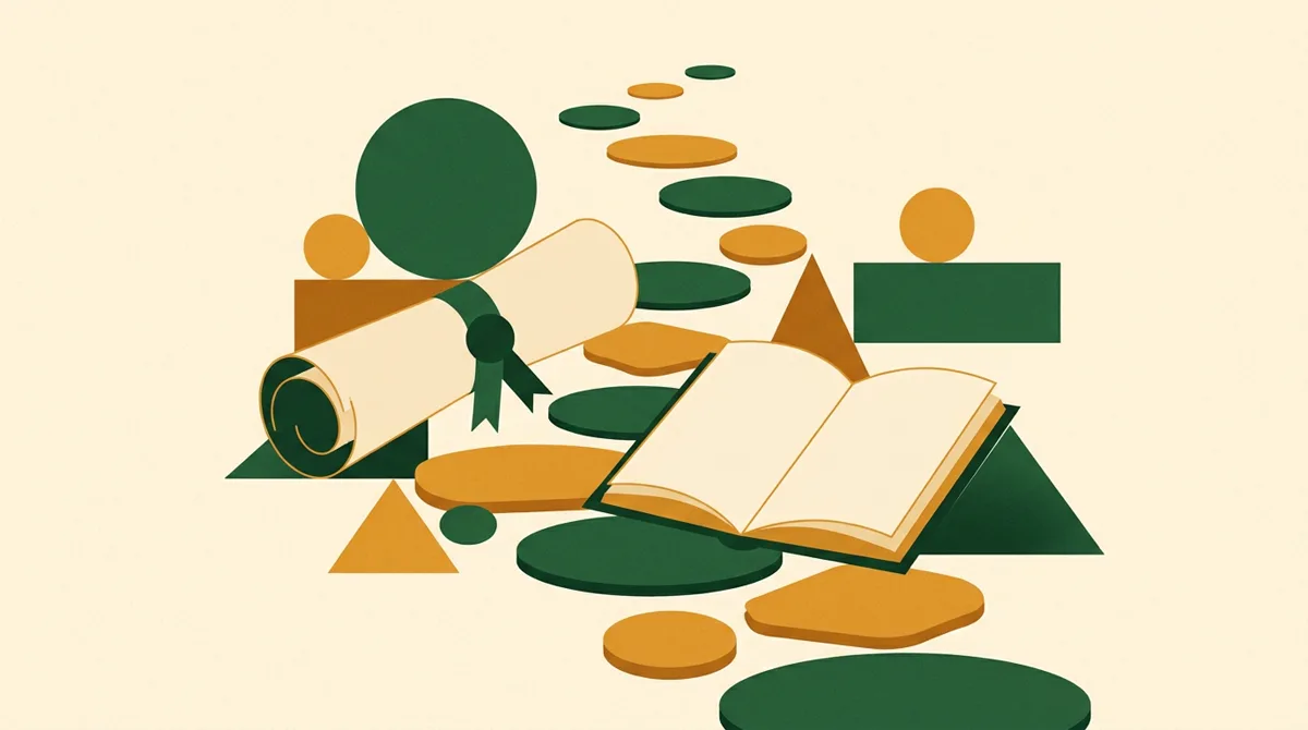 Illustration: Zertifikatsrolle und offenes Buch auf Trittsteinen — Qualifizierungsweg zur Betreuungskraft