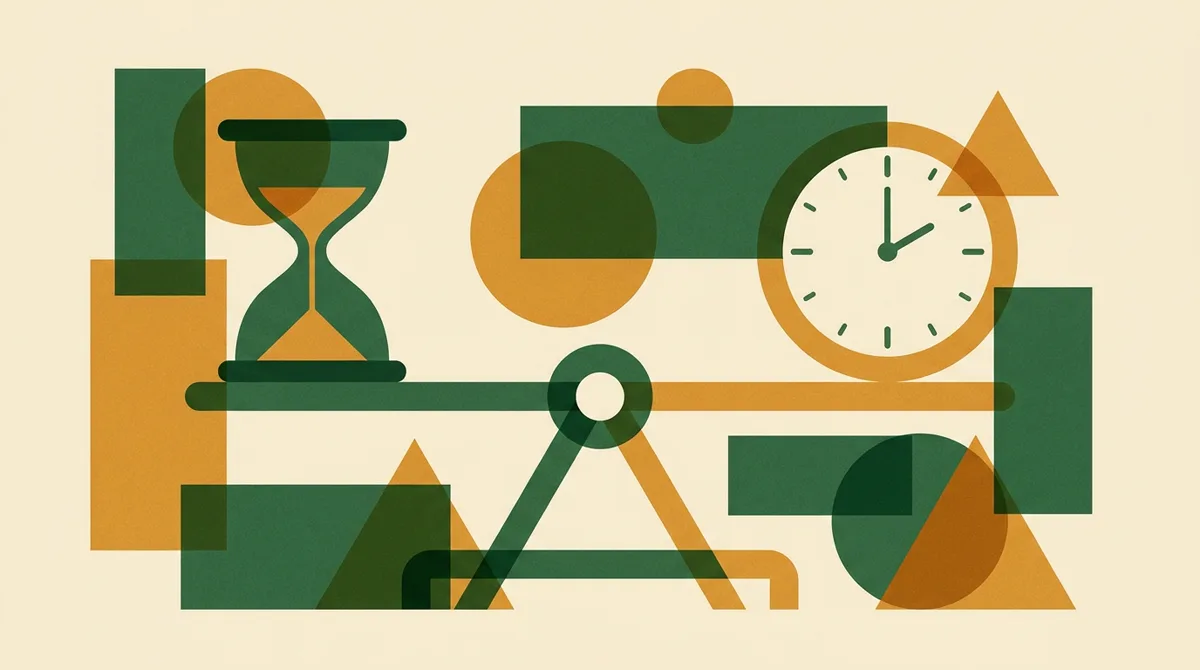 Illustration: Waage mit Sanduhr und Uhr als Symbol für faire Stundenkonten