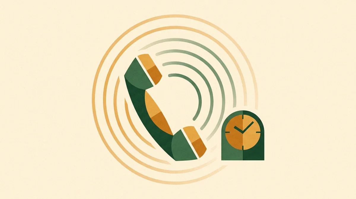 Illustration: Telefonhörer mit Klingelwellen und Uhr, Erreichbarkeitszeiten