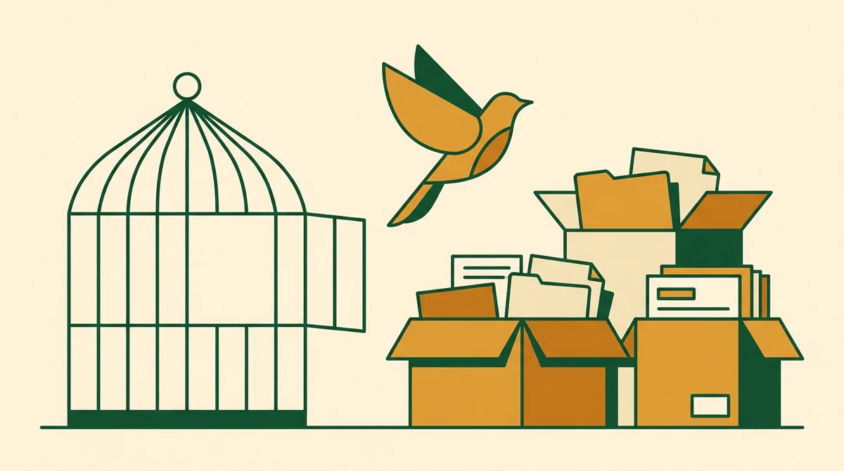 Illustration: Offener Vogelkäfig, Vogel fliegt zu offenen Datenkisten, kein Lock-in