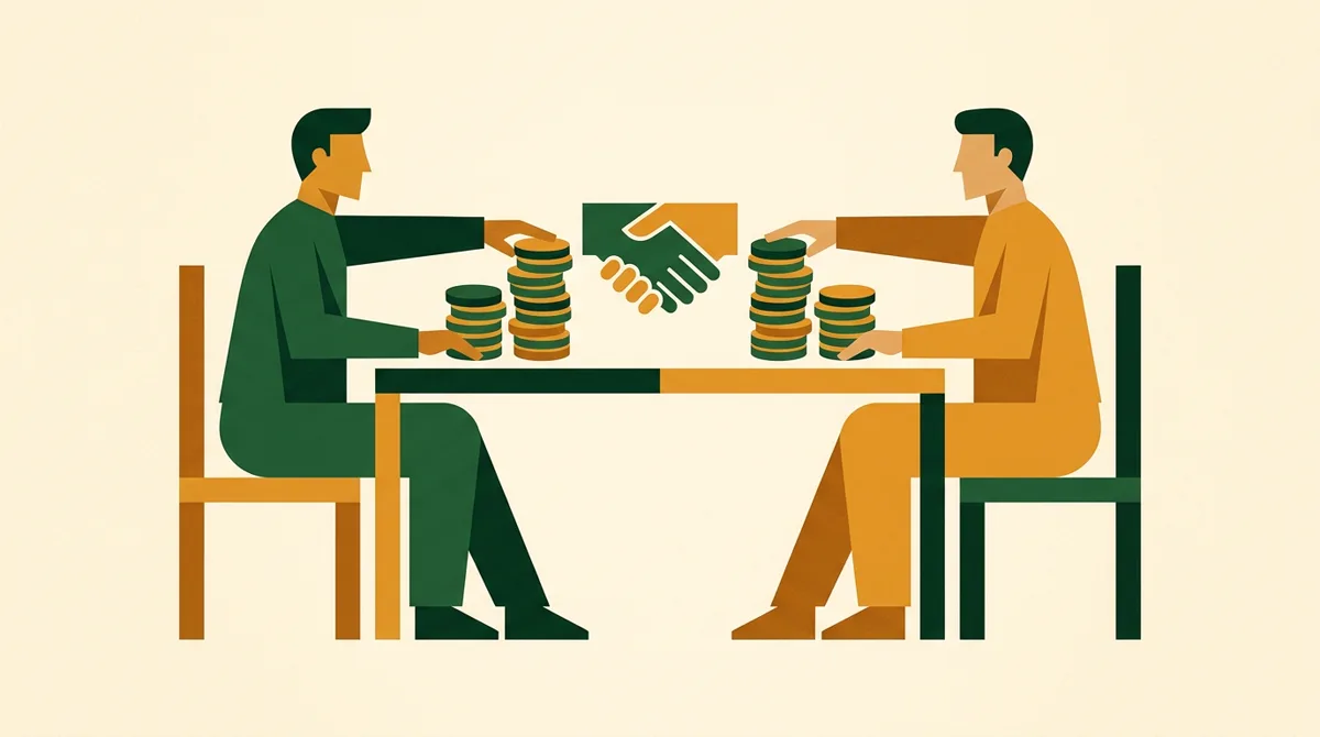 Illustration: Zwei Figuren schieben Münzstapel zu einem Handschlag — Vergütungsverhandlung